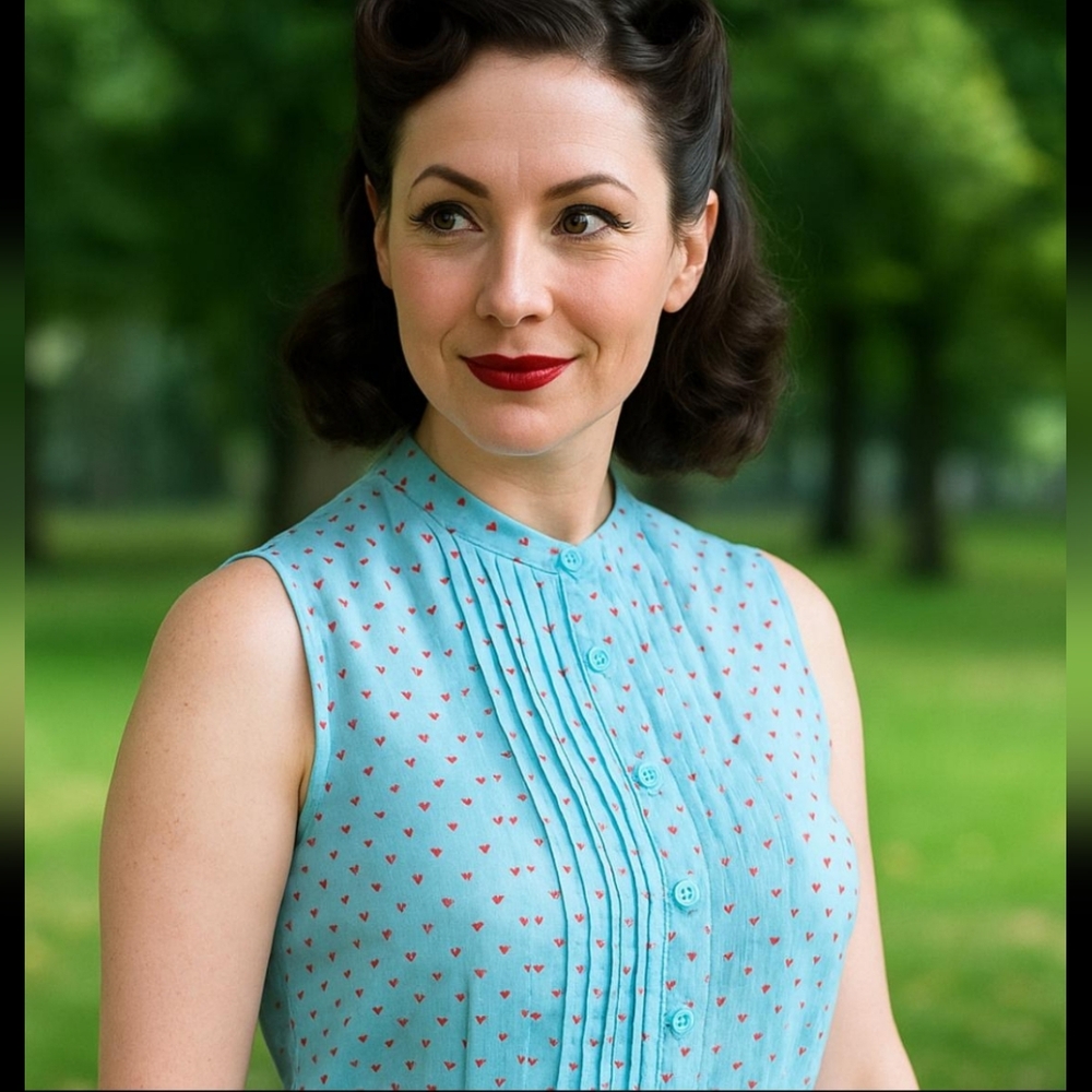 Frenchi Pintuck Pleat Aqua Red Heart Sleeveless Button Blouse Retro Rockabilly